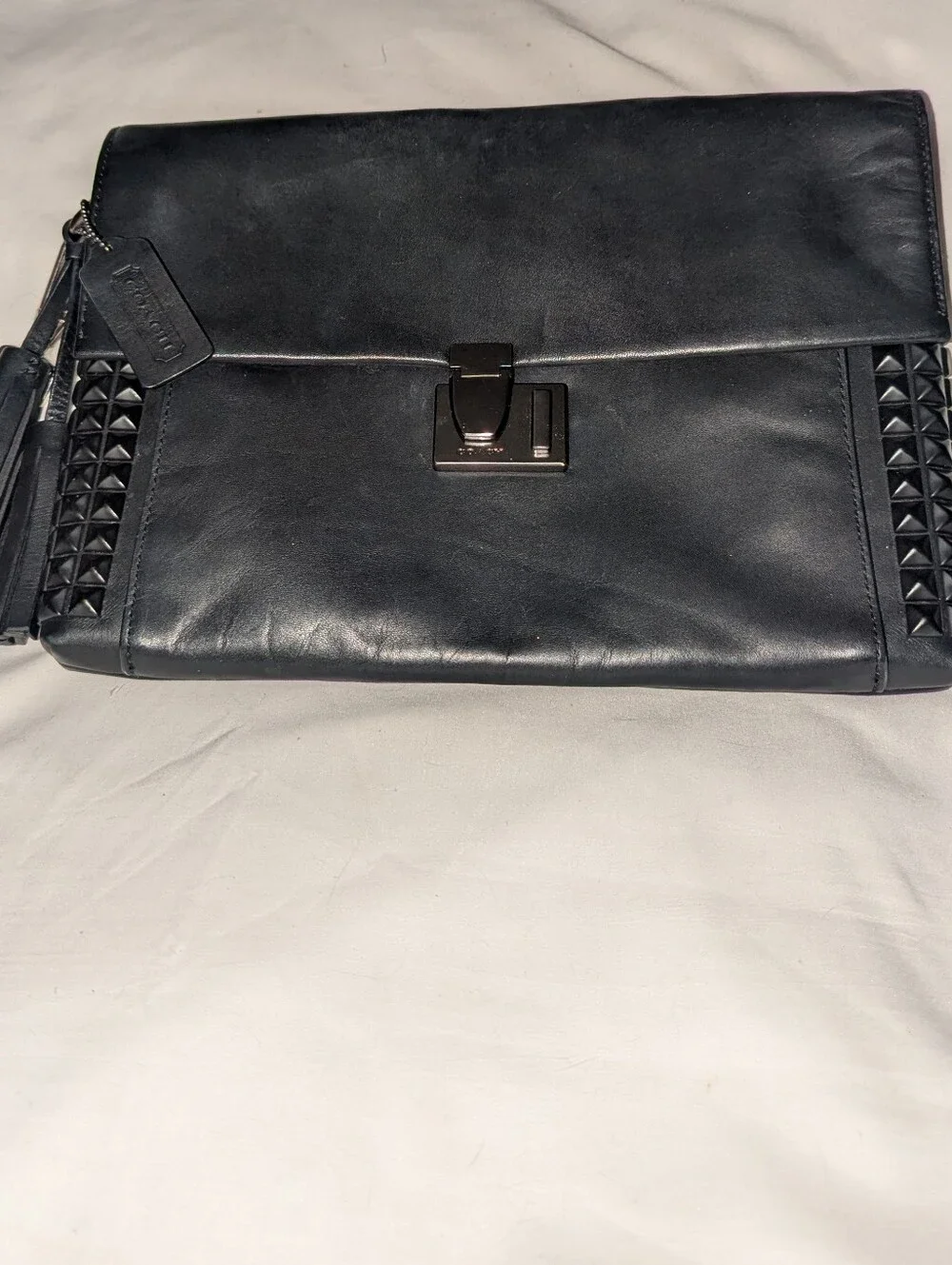 Coach Black Leather Studded Wristlet Clutch with Gunmetal-Tone Lock 26410